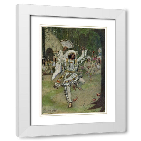 He began his mystic dances from Story of Hiawatha 1910 White Modern Wood Framed Art Print with Double Matting by Kirk, Maria