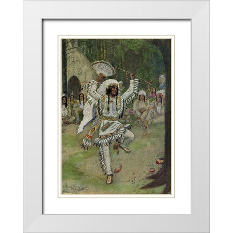 He began his mystic dances from Story of Hiawatha 1910 White Modern Wood Framed Art Print with Double Matting by Kirk, Maria