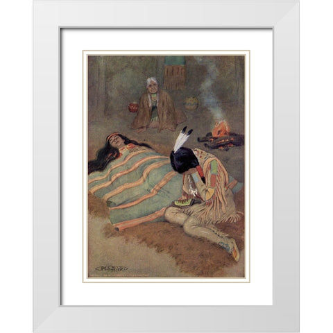 Seven long days and nights he sat there from Story of Hiawatha 1910 White Modern Wood Framed Art Print with Double Matting by Kirk, Maria
