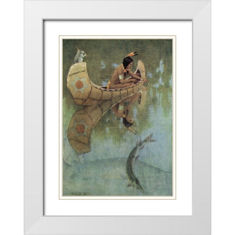 Take my bait oh king of fishes from Story of Hiawatha 1910 White Modern Wood Framed Art Print with Double Matting by Kirk, Maria