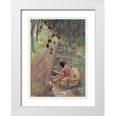 They hurled down pinecones from Story of Hiawatha 1910 White Modern Wood Framed Art Print with Double Matting by Kirk, Maria