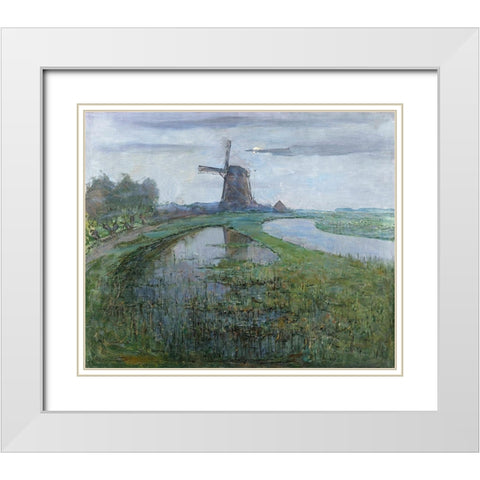 Oostzijdse Mill along the River Gein by Moonlight White Modern Wood Framed Art Print with Double Matting by Mondrian, Piet
