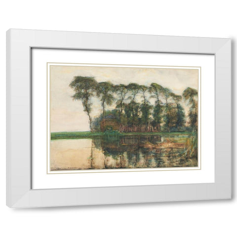 Farmstead along the water screened by nine tall trees White Modern Wood Framed Art Print with Double Matting by Mondrian, Piet