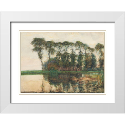Farmstead along the water screened by nine tall trees White Modern Wood Framed Art Print with Double Matting by Mondrian, Piet
