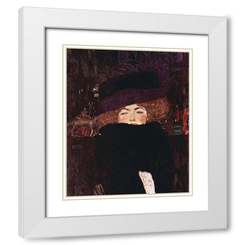 Dame mit Hut und Federboa White Modern Wood Framed Art Print with Double Matting by Klimt, Gustav