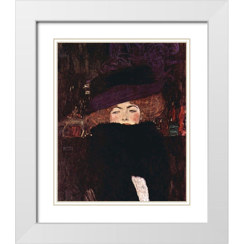 Dame mit Hut und Federboa White Modern Wood Framed Art Print with Double Matting by Klimt, Gustav