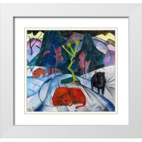 Bison in winter-red bison White Modern Wood Framed Art Print with Double Matting by Marc, Franz