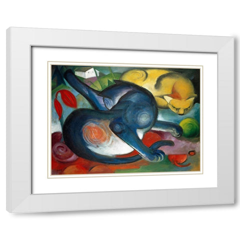 Two cats-blue and yellow White Modern Wood Framed Art Print with Double Matting by Marc, Franz