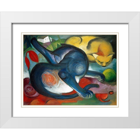 Two cats-blue and yellow White Modern Wood Framed Art Print with Double Matting by Marc, Franz