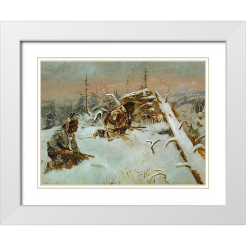Crow Indians Hunting Elk White Modern Wood Framed Art Print with Double Matting by Russell, Charles Marion