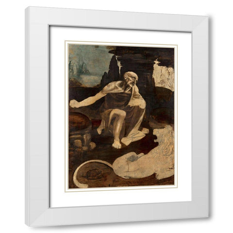 Saint Jerome in the Wilderness White Modern Wood Framed Art Print with Double Matting by da Vinci, Leonardo