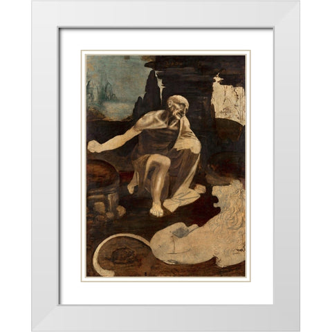 Saint Jerome in the Wilderness White Modern Wood Framed Art Print with Double Matting by da Vinci, Leonardo