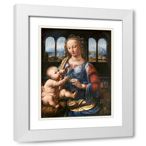 Madonna of the Carnation White Modern Wood Framed Art Print with Double Matting by da Vinci, Leonardo