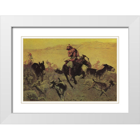Navajo Raid White Modern Wood Framed Art Print with Double Matting by Remington, Frederic