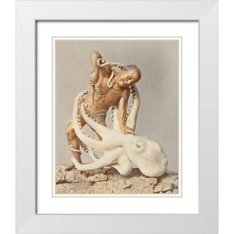 Wood Carving Man and Octopus White Modern Wood Framed Art Print with Double Matting by Kazumasa, Ogawa