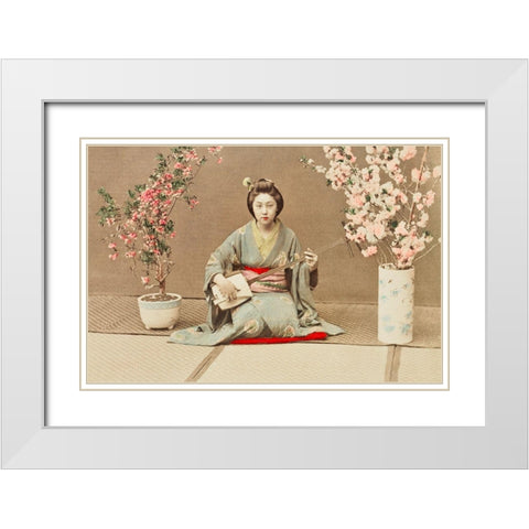 Geisha Playing Samisen White Modern Wood Framed Art Print with Double Matting by Kazumasa, Ogawa