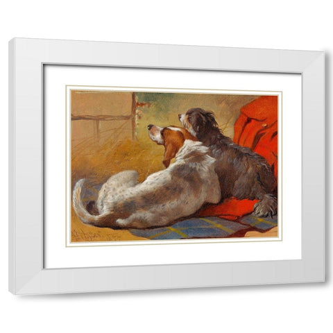 A Hound and a Bearded Collie seated on a Hunting Coat White Modern Wood Framed Art Print with Double Matting by Herring, John Frederick