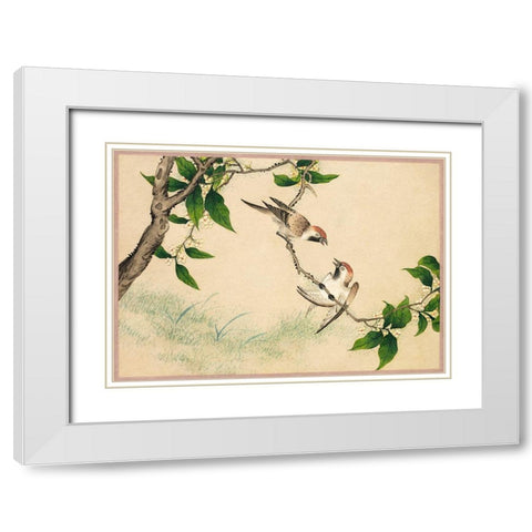 Gossiping Sparrows White Modern Wood Framed Art Print with Double Matting by Ruoai, Zhang