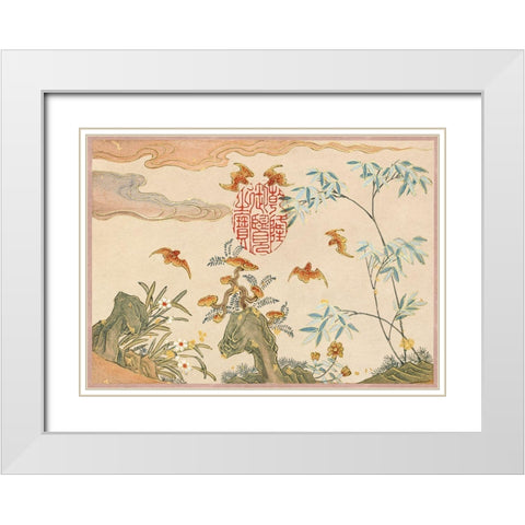 Bats-rocks-flowers oval calligraphy White Modern Wood Framed Art Print with Double Matting by Ruoai, Zhang