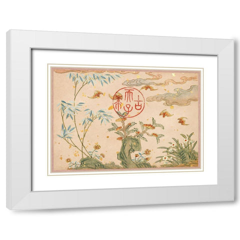 Bats-rocks-flowers circular calligraphy White Modern Wood Framed Art Print with Double Matting by Ruoai, Zhang