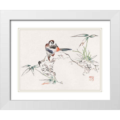 Page from Shi Zhu Zhai Bird on Rock White Modern Wood Framed Art Print with Double Matting by Zhengyan, Hu