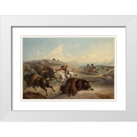 Indians hunting the bison White Modern Wood Framed Art Print with Double Matting by Bodmer, Karl