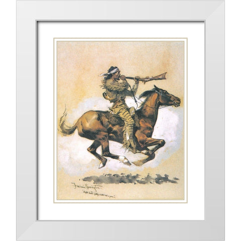 Buffalo Hunter Spitting A Bullet Into A Gun White Modern Wood Framed Art Print with Double Matting by Remington, Frederic