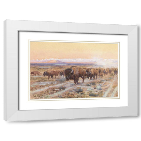 The Bison Trail White Modern Wood Framed Art Print with Double Matting by Russell, Charles Marion