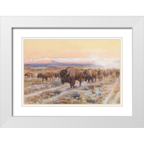 The Bison Trail White Modern Wood Framed Art Print with Double Matting by Russell, Charles Marion