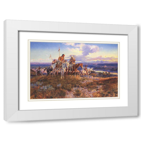 Wagons White Modern Wood Framed Art Print with Double Matting by Russell, Charles Marion