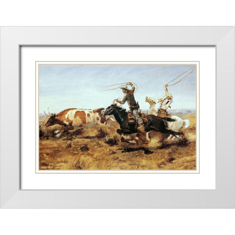 OH Cowboys Roping a Steer White Modern Wood Framed Art Print with Double Matting by Russell, Charles Marion