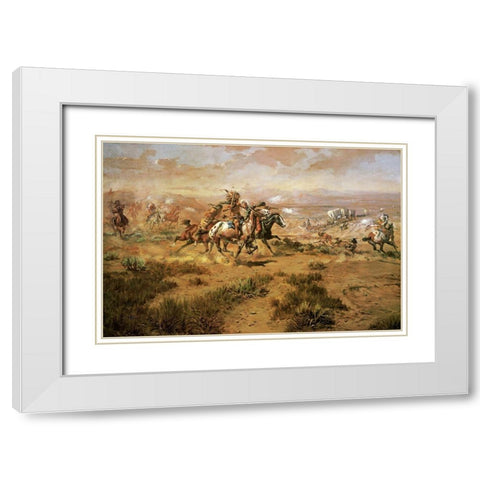 The Attack On The Wagon Train White Modern Wood Framed Art Print with Double Matting by Russell, Charles Marion
