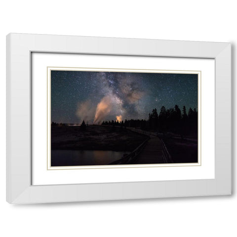 Milky Way and Castle Geyser over the Firehole River, Yellowstone National Park White Modern Wood Framed Art Print with Double Matting by Frank, Jacob W.