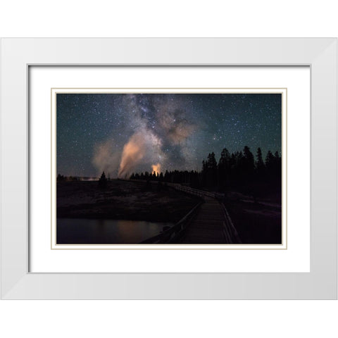 Milky Way and Castle Geyser over the Firehole River, Yellowstone National Park White Modern Wood Framed Art Print with Double Matting by Frank, Jacob W.