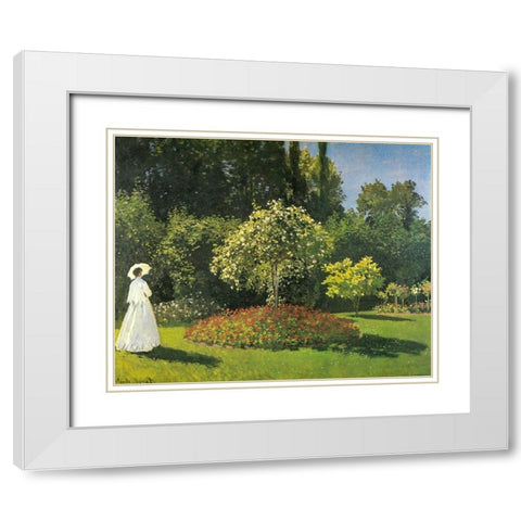 Jeanne-Marguerite Lecadre in Garden 1866 White Modern Wood Framed Art Print with Double Matting by Monet, Claude