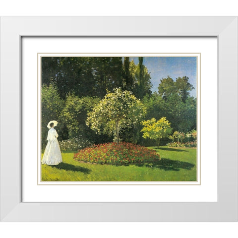 Jeanne-Marguerite Lecadre in Garden 1866 White Modern Wood Framed Art Print with Double Matting by Monet, Claude