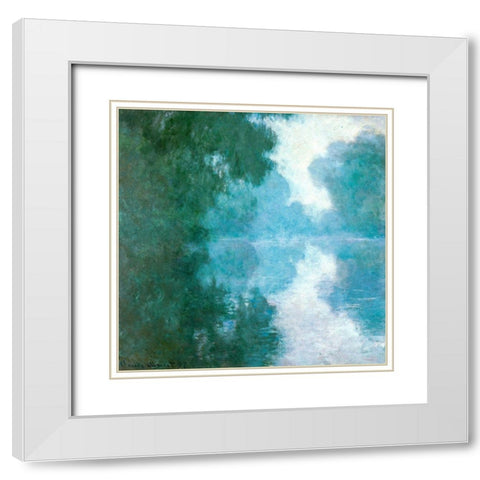 Seine at Giverny-morning mists 1897 White Modern Wood Framed Art Print with Double Matting by Monet, Claude
