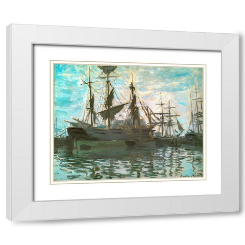Ships in a harbour 1873 White Modern Wood Framed Art Print with Double Matting by Monet, Claude