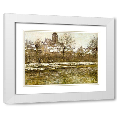 The Church at Vetheuil-snow 1879 White Modern Wood Framed Art Print with Double Matting by Monet, Claude