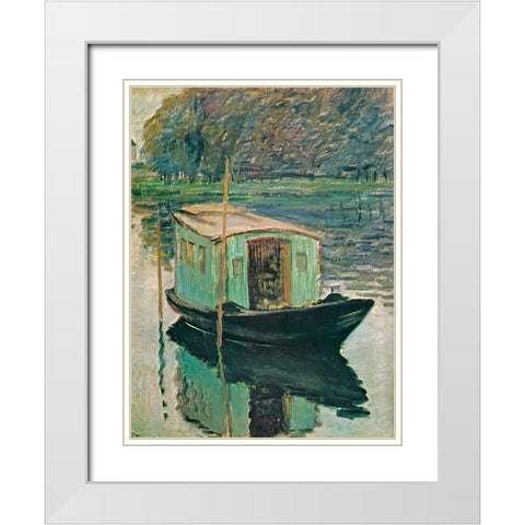 The Floating Studio 1874 White Modern Wood Framed Art Print with Double Matting by Monet, Claude