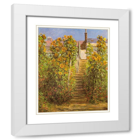 The Steps at Vetheuil 1881 White Modern Wood Framed Art Print with Double Matting by Monet, Claude