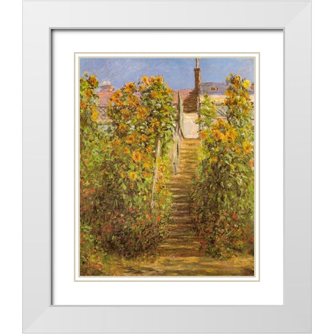 The Steps at Vetheuil 1881 White Modern Wood Framed Art Print with Double Matting by Monet, Claude