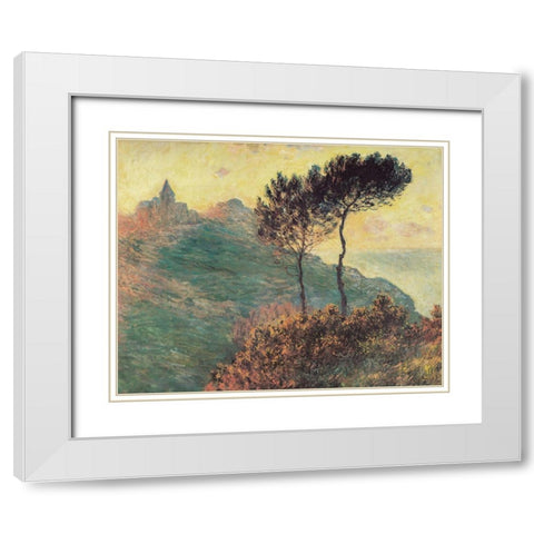 Varengeville Church with trees 1882 White Modern Wood Framed Art Print with Double Matting by Monet, Claude
