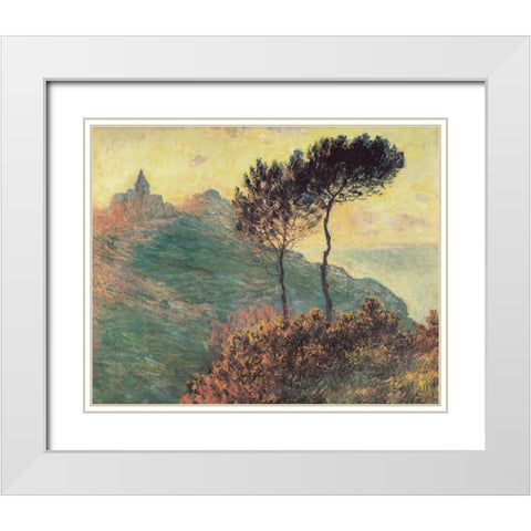 Varengeville Church with trees 1882 White Modern Wood Framed Art Print with Double Matting by Monet, Claude