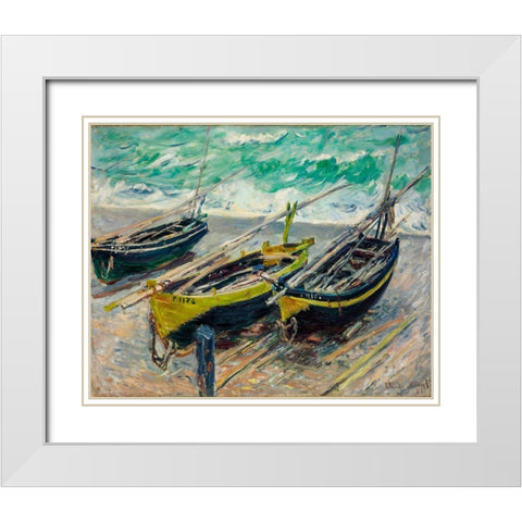 Three Fishing Boats 1886 White Modern Wood Framed Art Print with Double Matting by Monet, Claude