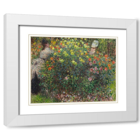 Ladies in Flowers 1875 White Modern Wood Framed Art Print with Double Matting by Monet, Claude