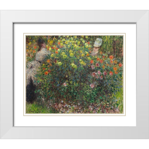 Ladies in Flowers 1875 White Modern Wood Framed Art Print with Double Matting by Monet, Claude