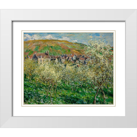 Flowering Plum Trees 1879 White Modern Wood Framed Art Print with Double Matting by Monet, Claude