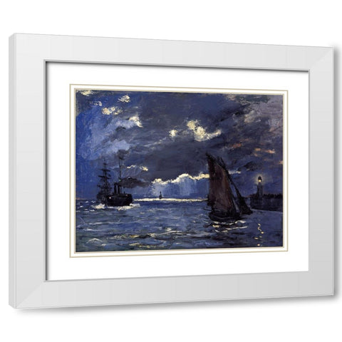 A Seascape-Shipping by Moonlight 1864 White Modern Wood Framed Art Print with Double Matting by Monet, Claude