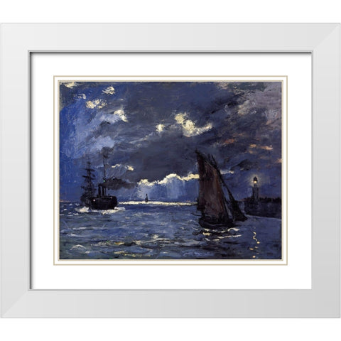 A Seascape-Shipping by Moonlight 1864 White Modern Wood Framed Art Print with Double Matting by Monet, Claude